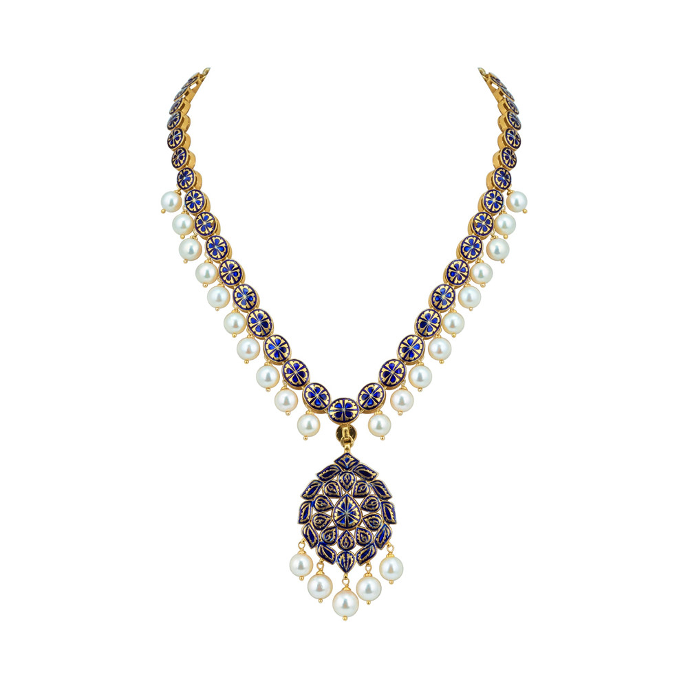 Linear Polki Necklace with Pendant and Pearl Drop